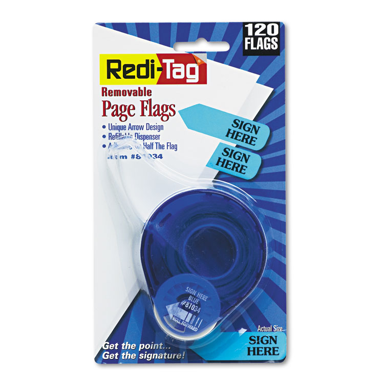 Redi-Tag Arrow Message Page Flags in Dispenser, "Sign Here", Blue, 120 Flags/Dispenser (RTG81034)