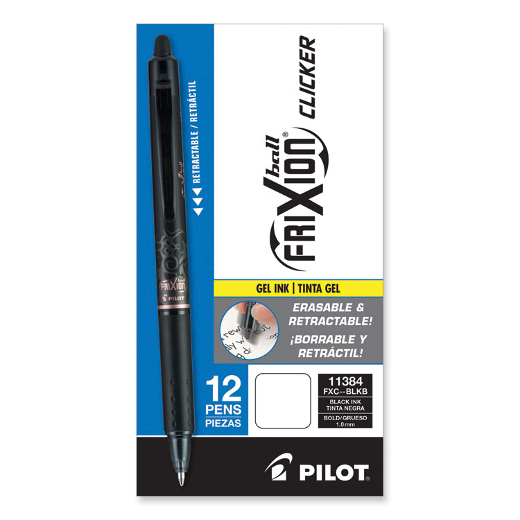 Pilot FriXion Clicker Erasable Gel Pen, Retractable, Bold 1 mm, Black Ink, Black Barrel, Dozen (PIL11384)