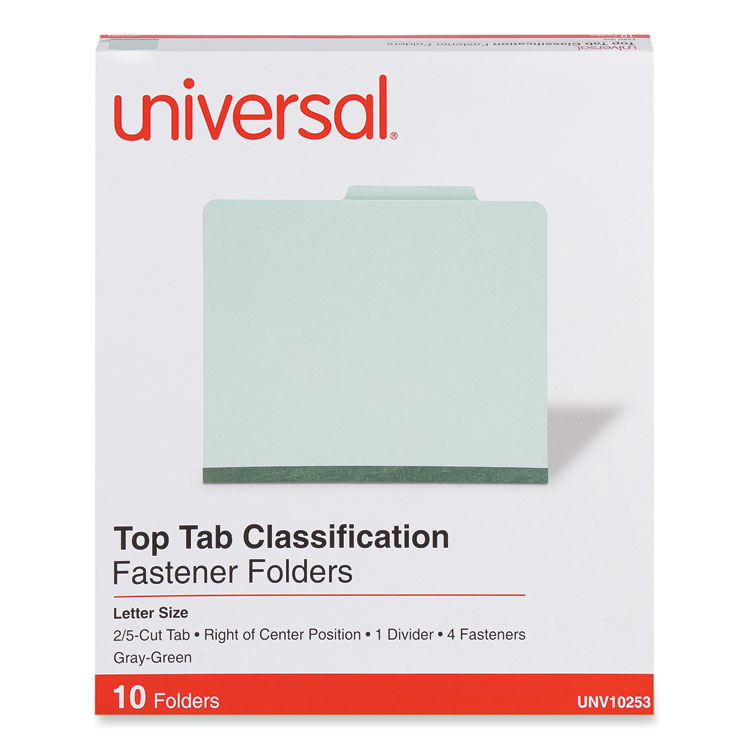 Universal Four-Section Pressboard Classification Folders, 2" Expansion, 1 Divider, 4 Fasteners, Letter Size, Gray-Green, 10/Box (UNV10253)