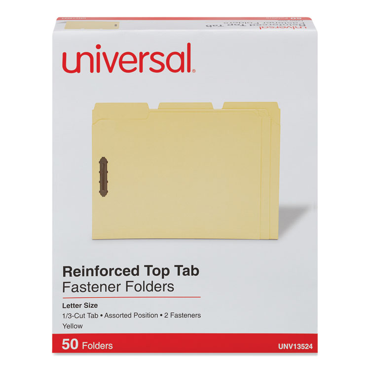 Universal Deluxe Reinforced Top Tab Fastener Folders, 0.75" Expansion, 2 Fasteners, Letter Size, Yellow Exterior, 50/Box (UNV13524)