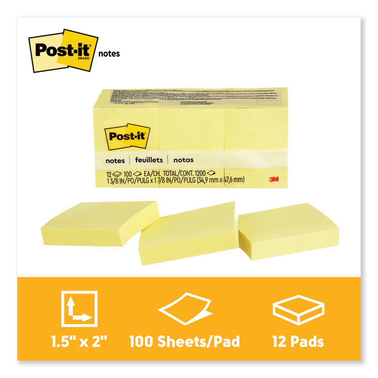 Post-it Notes Original Pads in Canary Yellow, 1.38" x 1.88", 100 Sheets/Pad, 12 Pads/Pack (MMM653YW)