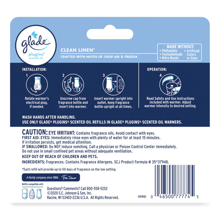 Glade Plugins Scented Oil Refill, Clean Linen, 0.67 oz, 5/Pack (SJN322829)