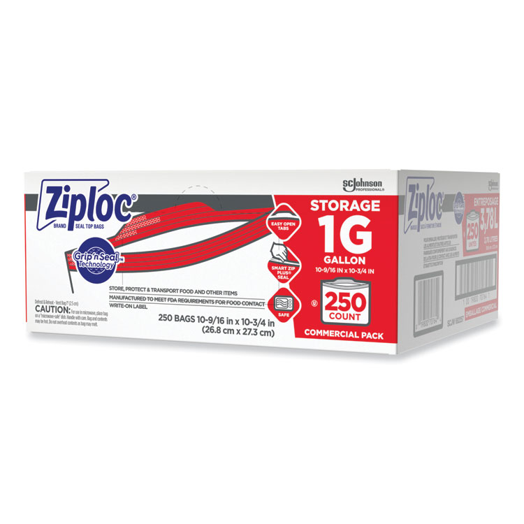 Ziploc Double Zipper Storage Bags, Triple System Seal, Gallon, 10.56" x 10.75", Clear, 250/Box (SJN682257)