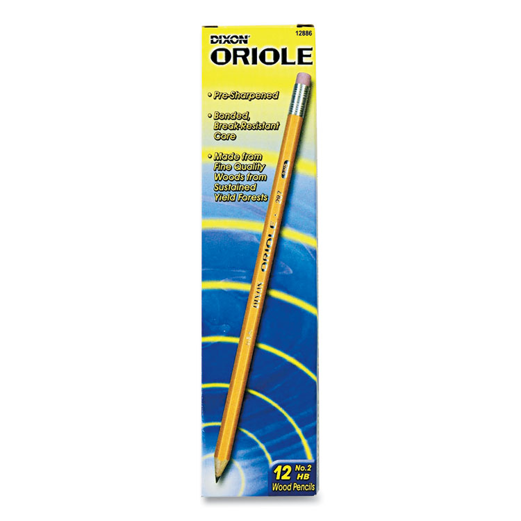 Dixon Oriole Presharpened Pencils, HB (#2), Black Lead, Yellow Barrel, Dozen (DIX12886)