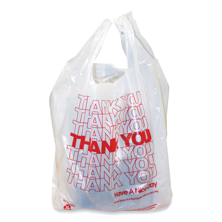AmerCareRoyal Thank You Bags, Thank You - Have a Nice Day Labeling, Cut-Out Handles, 11.5" x 6.5" x 21", White/Red, 1,000/Carton (RPPRPTYB6)