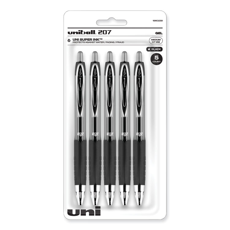 uniball Signo 207 Gel Pen, Retractable, Medium 0.7 mm, Black Ink, Clear/Black Barrel, 5/Pack (UBC1960239)