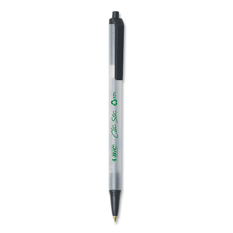 BIC Ecolutions Clic Stic Ballpoint Pen, Retractable, Medium 1 mm, Black Ink, Translucent Frost/Black Barrel, 10/Pack (BICCSEM10BLK)