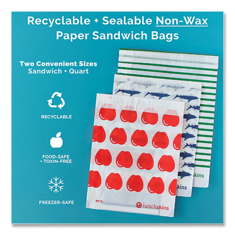 lunchskins Peel and Seal Sandwich Bag with Closure Strip, 6.3" x 2" x 7.9", Blue Sharks/White, 50/Box (LCH854735005904)