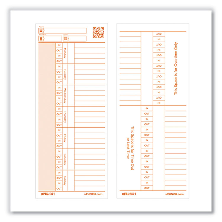 uPunch Time Card for PK1100 Time Clock, Two Sides, 3.38 x 8.25, 100/Pack (PPZC1100)