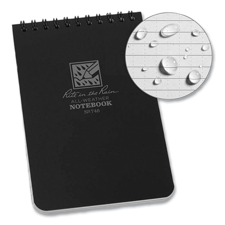 Rite in the Rain All-Weather Wire-O Notepad, Universal: Narrow Rule and Quadrille Rule, Black Cover, 50 White 4 x 6 Sheets (RIR746)