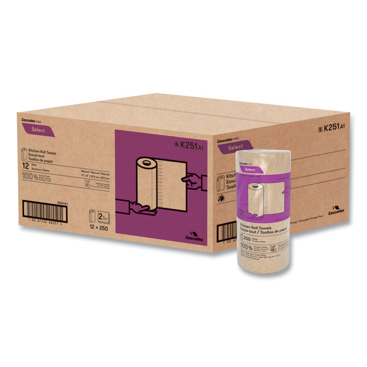Cascades PRO Select Kitchen Roll Towels, 2-Ply, 11" x 166.6 ft, Natural, 250/Roll, 12/Carton (CSDK251)