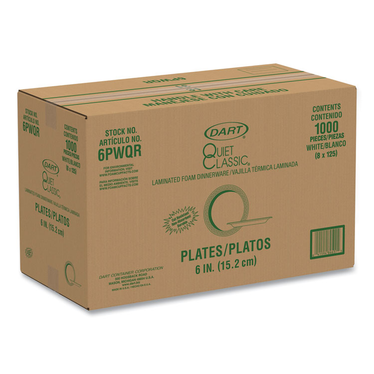 Dart Quiet Classic Laminated Foam Dinnerware Plates, 6" dia, White, 125/Pack, 8 Packs/Carton (DCC6PWQR)