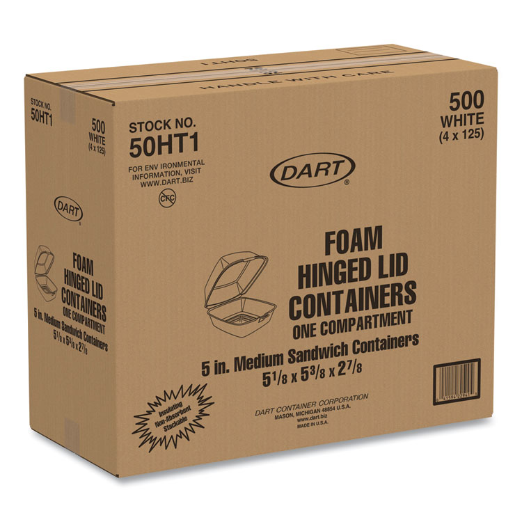 Dart Foam Hinged Lid Containers, 5.38 x 5.5 x 2.88, White, 500/Carton (DCC50HT1)