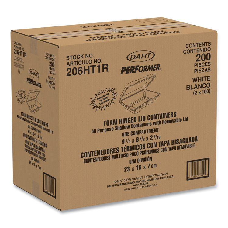 Dart Foam Hinged Lid Containers, 6.4 x 9.3 x 2.6, White, 200/Carton (DCC206HT1R)