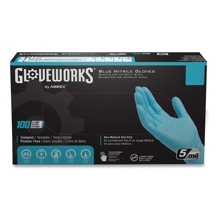 GloveWorks by AMMEX Industrial Nitrile Gloves, Powder-Free, 5 mil, Blue, Large, 100 Gloves/Box, 10 Boxes/Carton (AXCINPF46100)