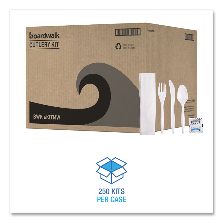 Boardwalk Cutlery Kit, Plastic Fork/Spoon/Knife/Salt/Polypropylene/Napkin, White, 250/Carton (BWK6KITMW)