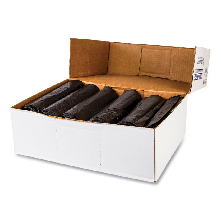 Inteplast Group High-Density Commercial Can Liners, 10 gal, 6 mic, 24" x 24", Black, Perforated Roll, 50 Bags/Roll, 20 Rolls/Carton (IBSEC242406K)