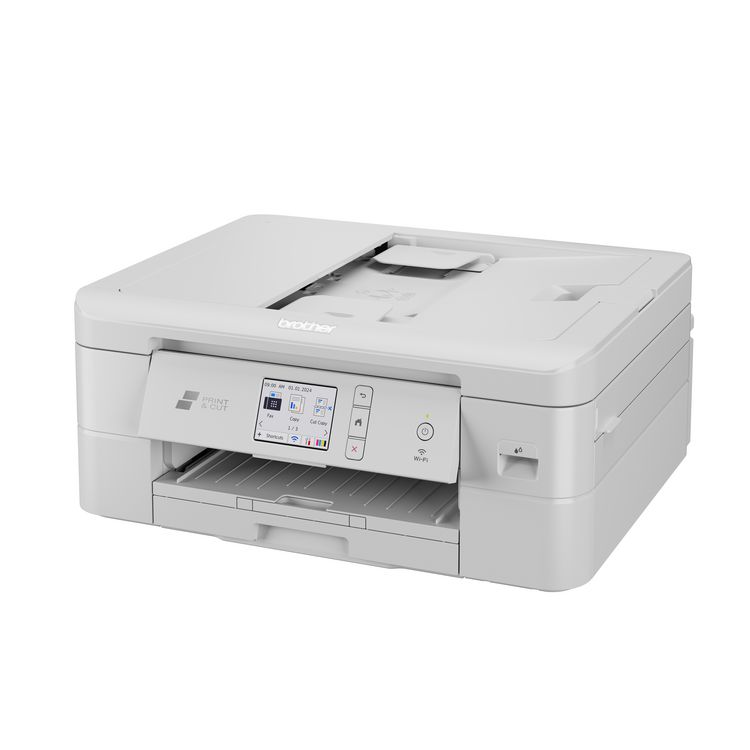 Brother MFC-J1800DW is a simple and all-in-one printer for home, crafts, and small businesses. It can print, copy, scan, and fax. Its special cutter that cuts regular paper in half, perfect for making cards and labels. It prints fast and connects to your phone for easy use. It also prints on both sides automatically. This printer makes printing and cutting easy and quick.