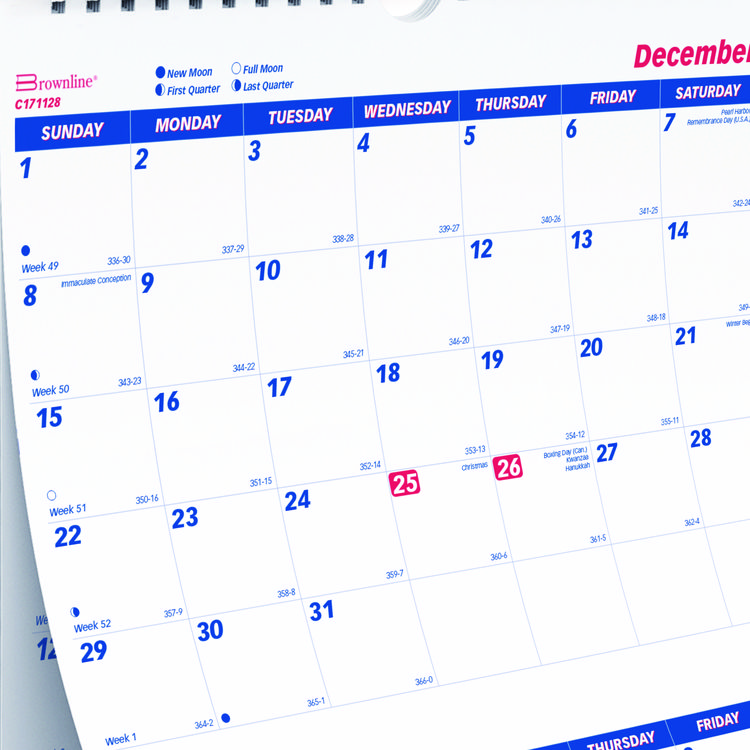 Brownline Three-Month Wall Calendar, 12.25" x 27", White/Blue Sheets, 14-Months: Dec 2024 to Jan 2026 (REDC171128)