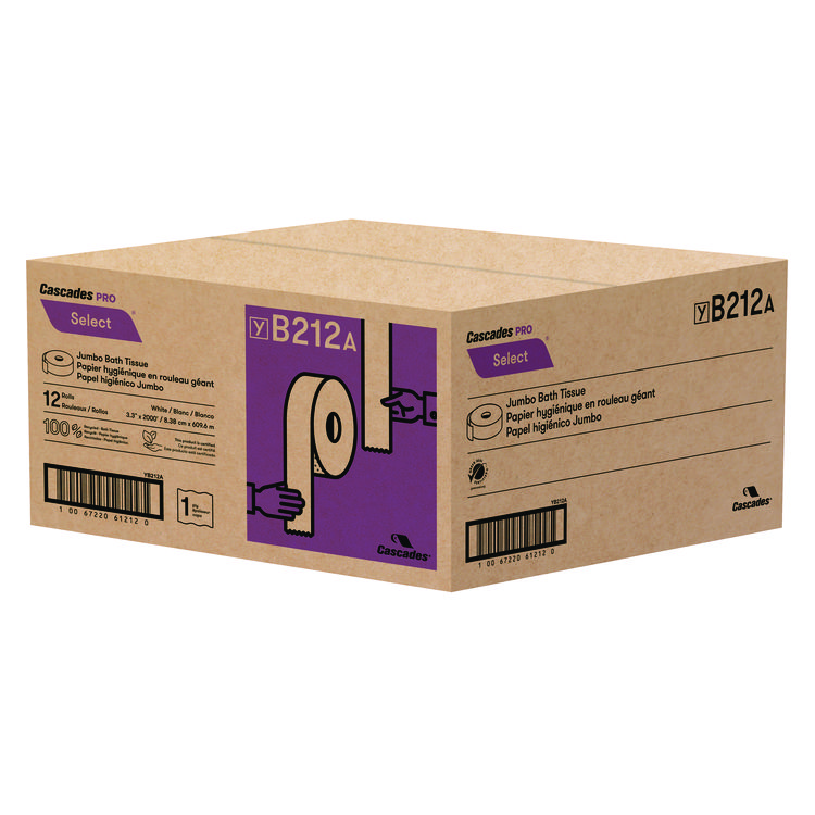 Cascades PRO Select Jumbo Bath Tissue, Septic-Safe, 1-Ply, White, 3.3" x 2,000 ft, 12 Rolls/Carton (CSDB212)