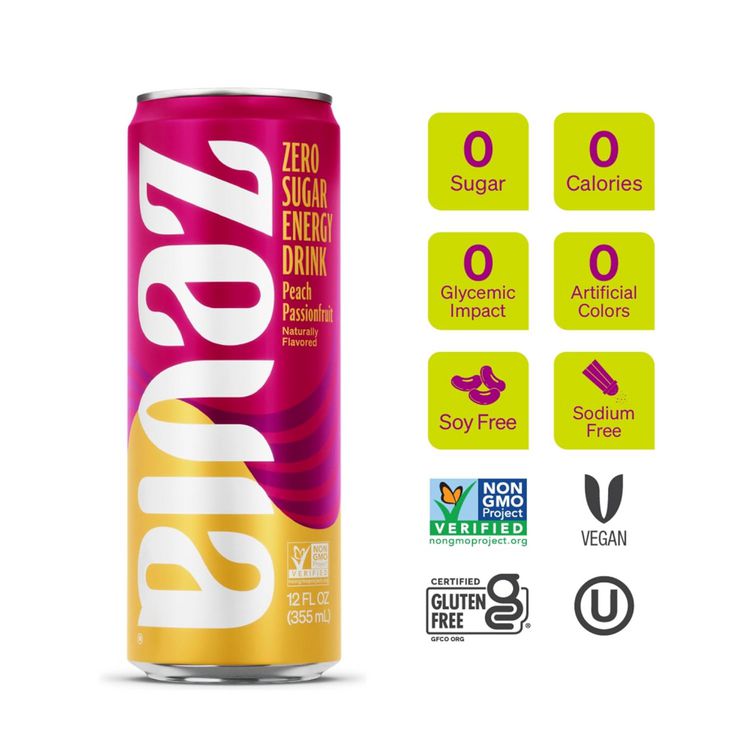 Zevia Zero Sugar Naturally Sweetened Energy Drink, Peach Passionfruit, 12 oz Can, 12/Carton (ZEV0195712)