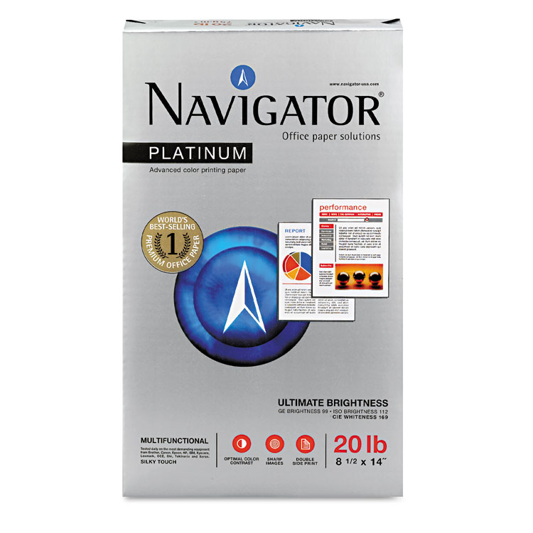 Navigator Platinum Paper, 99 Bright, 20 lb Bond Weight, 8.5 x 14, White, 500 Sheets/Ream, 10 Reams/Carton (SNANPL1420)