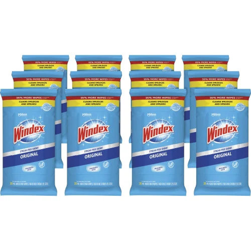 Windex Glass and Surface Wet Wipe, Cloth, 7 x 8, Unscented, White, 38Pack (SJN319251EA)