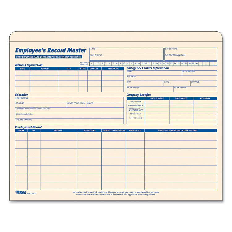 TOPS Employee Record Master File Jacket, Straight Tab, Letter Size, Manila, 15/Pack (TOP32801)