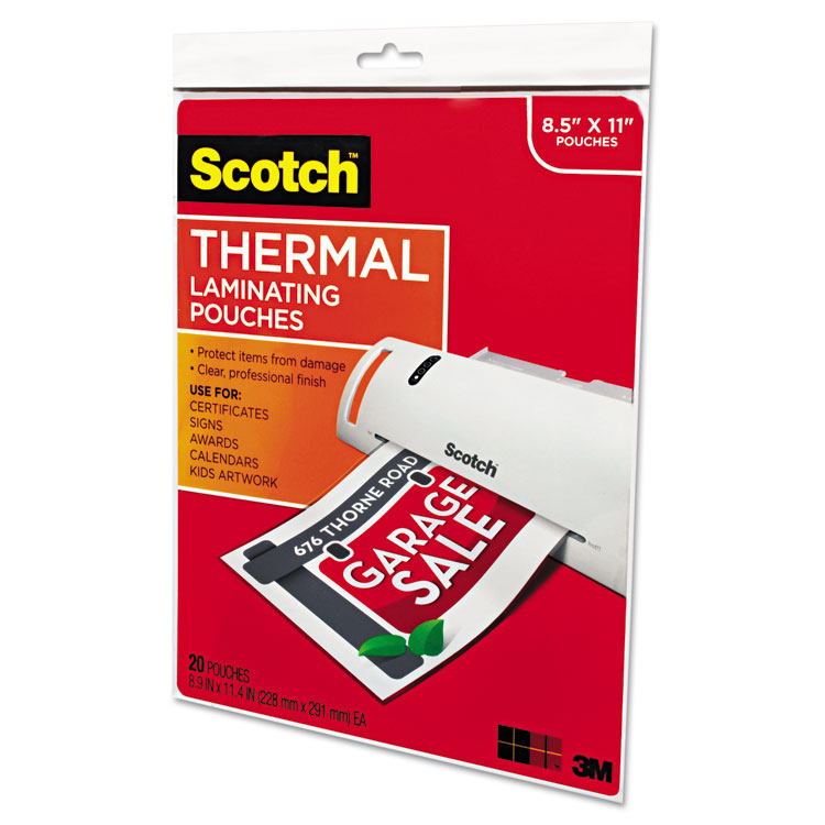 Scotch Laminating Pouches, 3 mil, 9" x 11.5", Gloss Clear, 20/Pack (MMMTP385420)