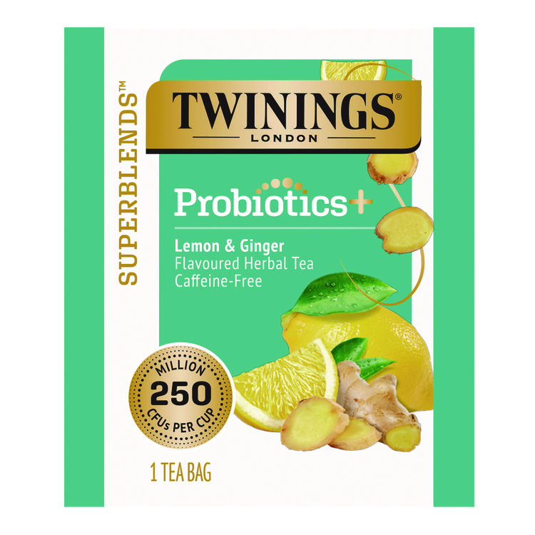 TWININGS Probiotics Lemon and Ginger Herbal Tea Bags, 0.05 oz, 18/Box (TWGTNA95223)