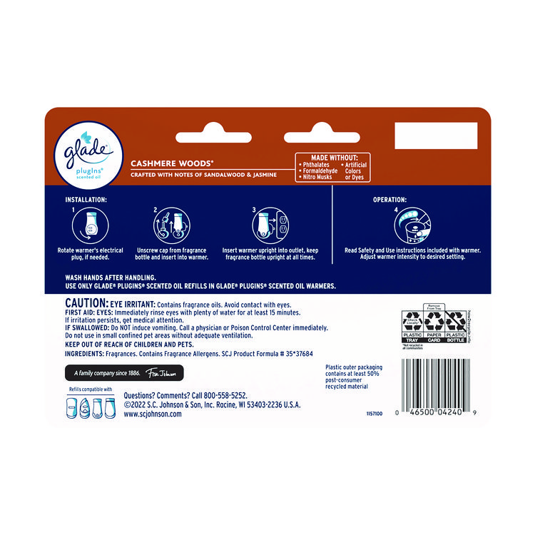 Glade Plugins Scented Oil Refill, Cashmere Woods, 0.67 oz, 7/Pack (SJN350769)