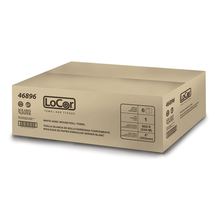 LoCor Hard Wound Roll Towel, 1-Ply, 8" x 800 ft, White, 6 Rolls/Carton (SOL46896)