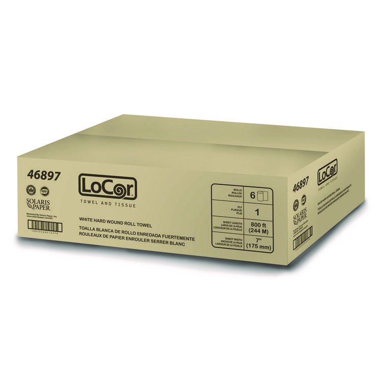 LoCor Hard Wound Roll Towel, 1-Ply, 7" x 800 ft, White, 6 Rolls/Carton (SOL46897)