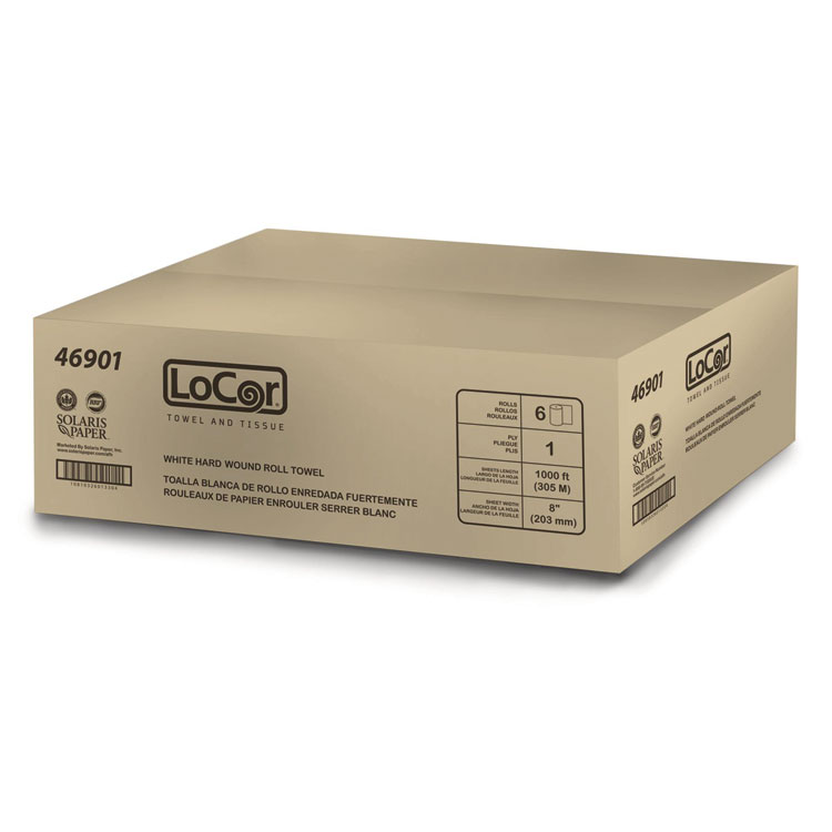 LoCor Hard Wound Roll Towel, 1-Ply, 8" x 1,000 ft, White, 6 Rolls/Carton (SOL46901)