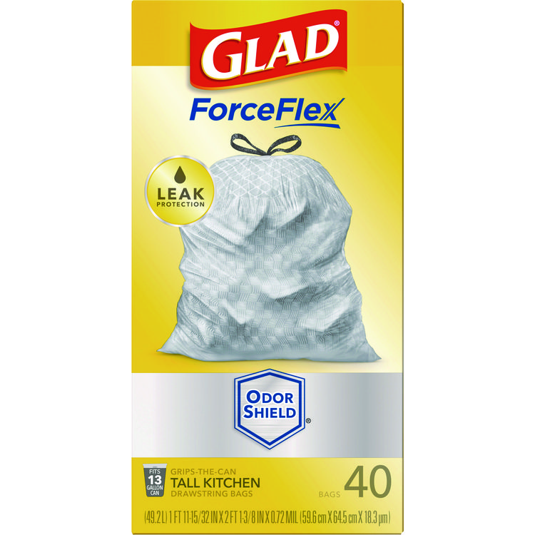 Glad ForceFlex Tall Kitchen Drawstring Trash Bags, 13 gal, 23.75" x 24.88", White, 240/Carton (CLO79008)