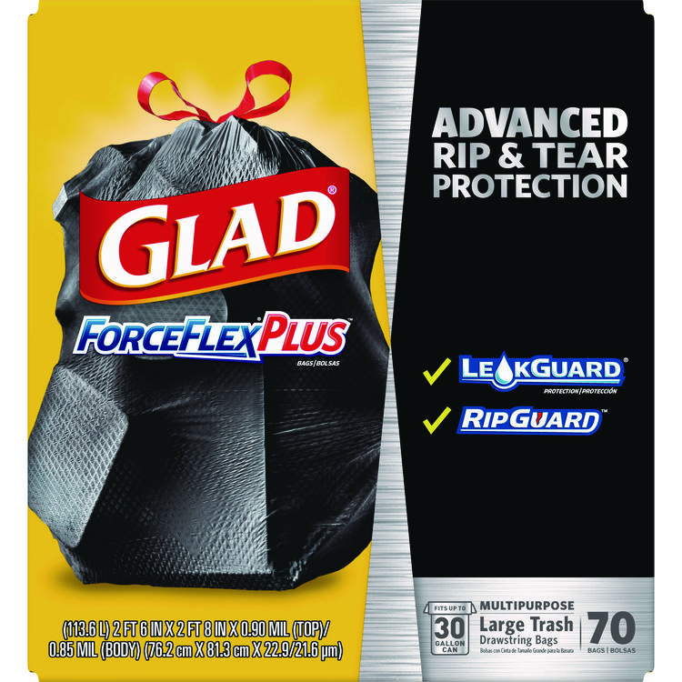 Glad ForceFlexPlus Drawstring Large Trash Bags, 30 gal, 1.05 mil, 30" x 32", Black, 70/Box (CLO70358)