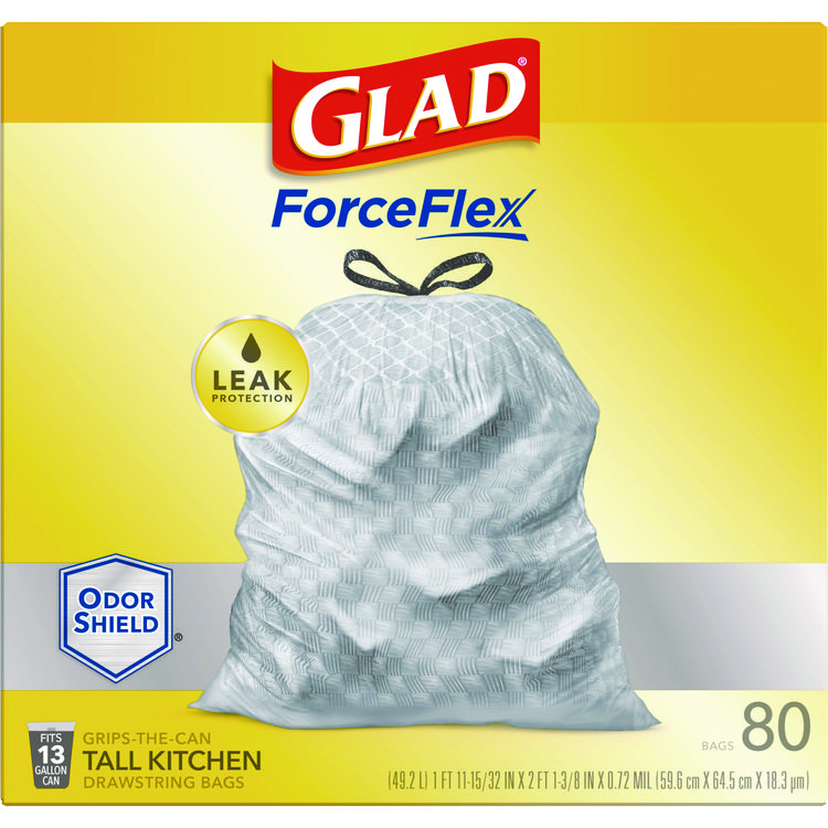 Glad ForceFlex Tall Kitchen Drawstring Trash Bags, 13 gal, 23.75" x 24.88", White, 240/Carton (CLO79009)