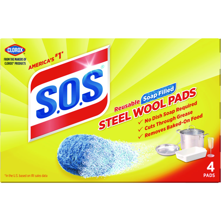 Steel Wool Soap Pad, Steel, 4/Box, 24 Boxes/Carton (CLO98041)