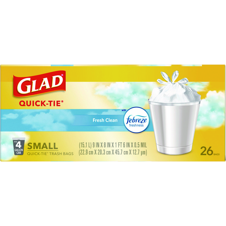 Glad OdorShield Quick-Tie Small Trash Bags, Tie-Flap, 4 gal, Fresh Clean Scent, 8" x 18", White, 26 Bags/Box, 6 Boxes/Carton (CLO78812)
