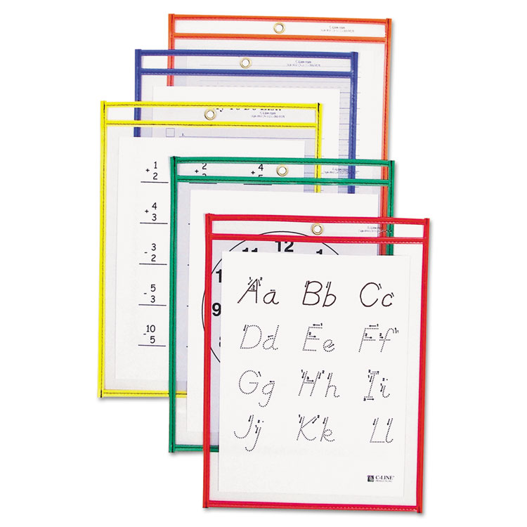 C-Line Reusable Dry Erase Pockets, 9 x 12, Assorted Primary Colors, 5/Pack (CLI40630)