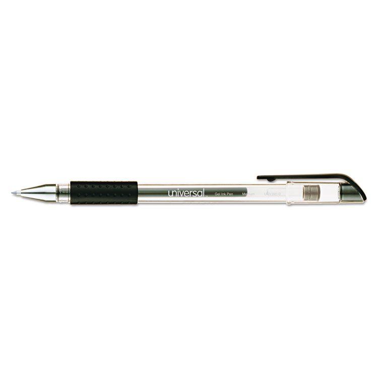 Universal Comfort Grip Gel Pen, Stick, Medium 0.7 mm, Black Ink, Clear/Black Barrel, Dozen (UNV39510)