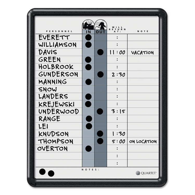 Quartet Employee In/Out Board, 11 x 14, Porcelain White/Gray Surface, Black Plastic Frame (QRT750)
