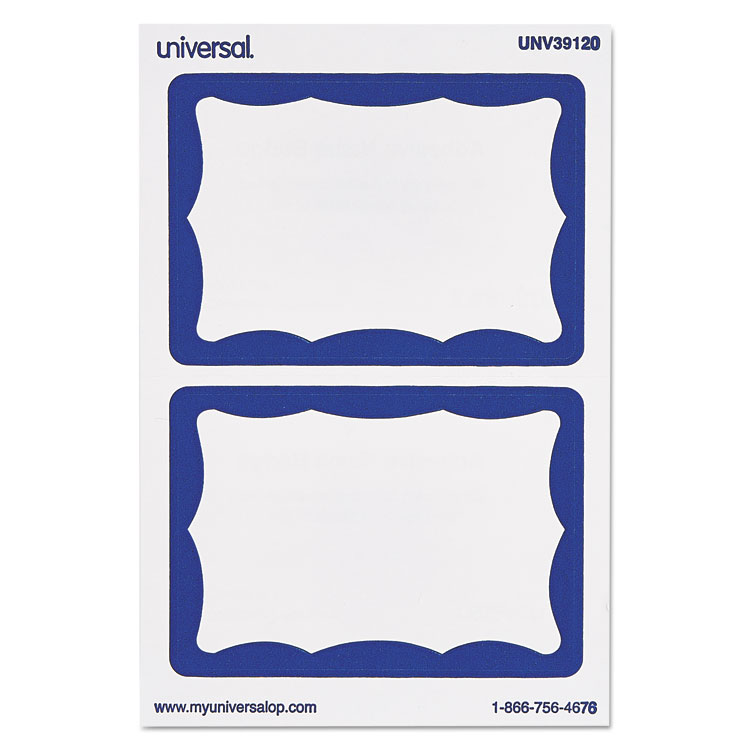 Universal Border-Style Self-Adhesive Name Badges, 3 1/2 x 2 1/4, White/Blue, 100/Pack (UNV39120)