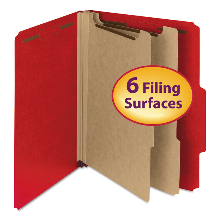 Smead Recycled Pressboard Classification Folders, 2" Expansion, 2 Dividers, 6 Fasteners, Letter Size, Bright Red, 10/Box (SMD14061)