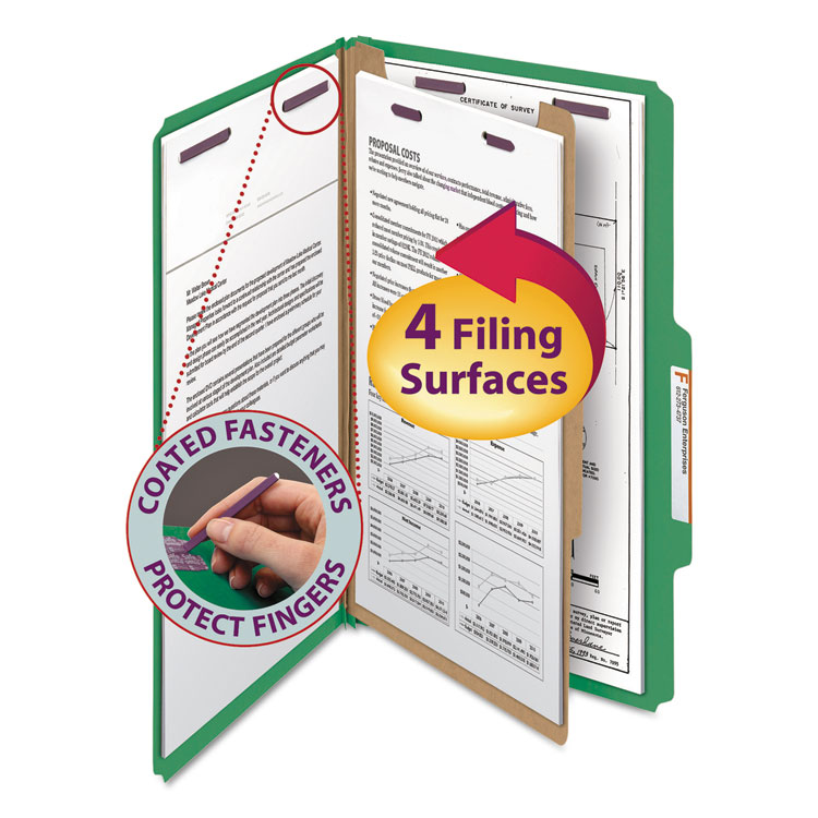 Smead Four-Section Pressboard Top Tab Classification Folders, Four SafeSHIELD Fasteners, 1 Divider, Legal Size, Green, 10/Box (SMD18733)