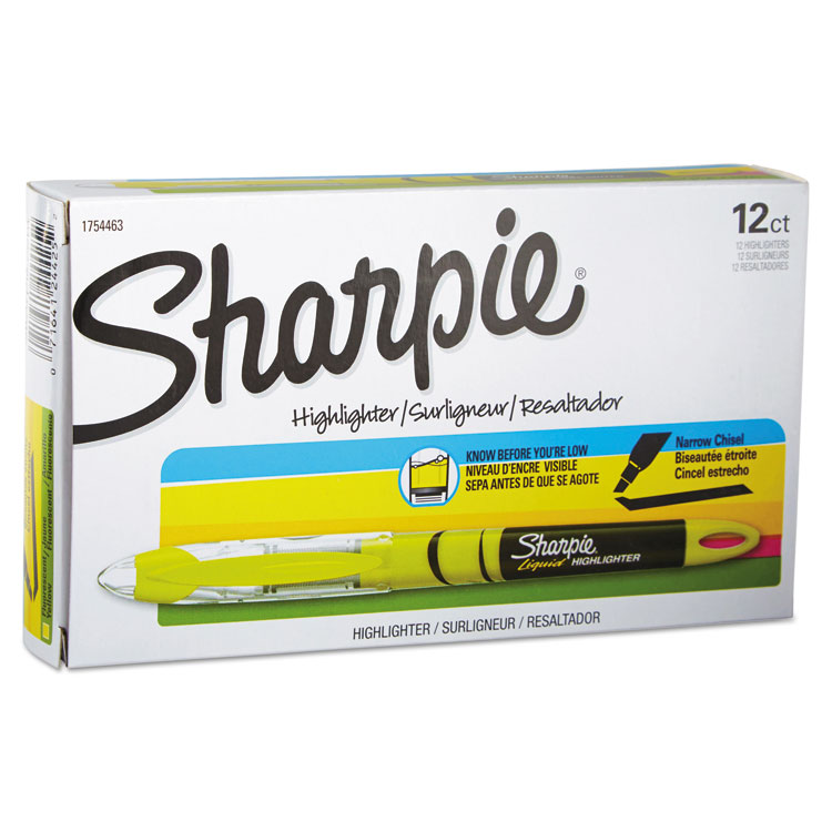 Sharpie Liquid Pen Style Highlighters, Fluorescent Yellow Ink, Chisel Tip, Yellow/Black/Clear Barrel, Dozen (SAN1754463)
