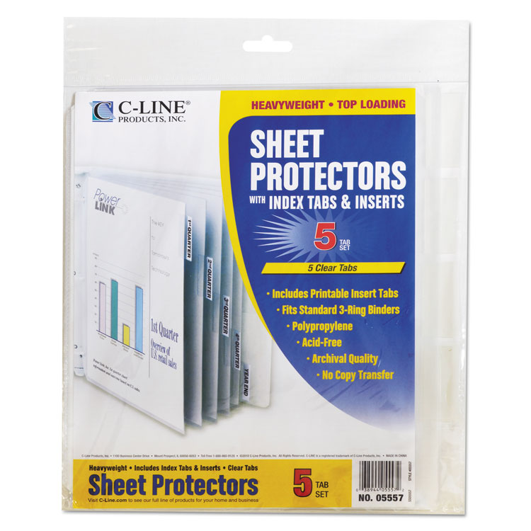 C-Line Sheet Protectors with Index Tabs, Heavy, Clear Tabs, 2", 11 x 8.5, 5/Set (CLI05557)
