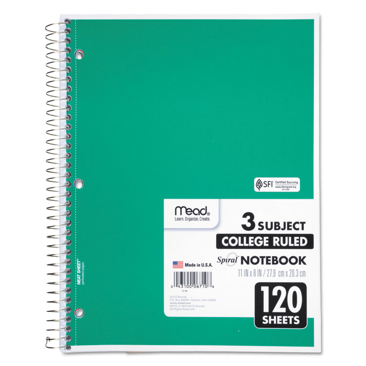 Mead Spiral Notebook, 3-Subject, Medium/College Rule, Randomly Assorted Cover Color, (120) 11 x 8 Sheets (MEA06710)
