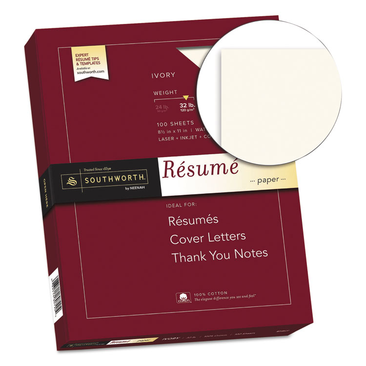 Southworth 100% Cotton Resume Paper, 32 lb Bond Weight, 8.5 x 11, Ivory, 100/Pack (SOURD18ICF)