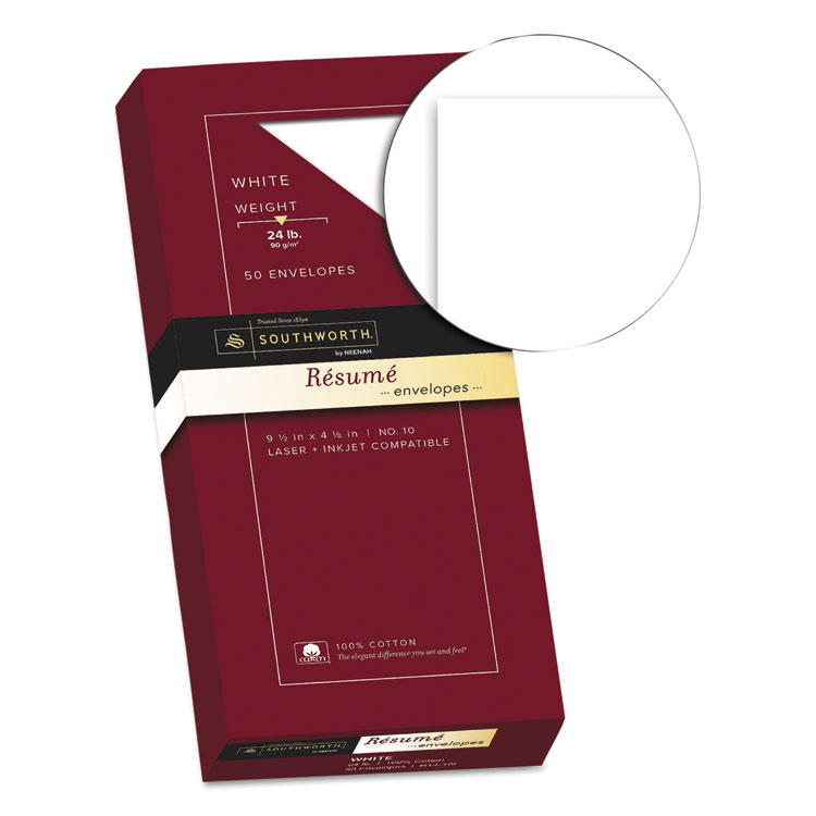 Southworth 100% Cotton Resume Envelope, #10, Commercial Flap, Gummed Closure, 4.13 x 9.5, White, 50/Box (SOUR1410L)